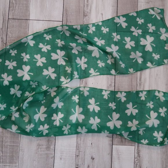 St. Patrick's Day Long Green & White Shamrock Scarf - Picture 3 of 3